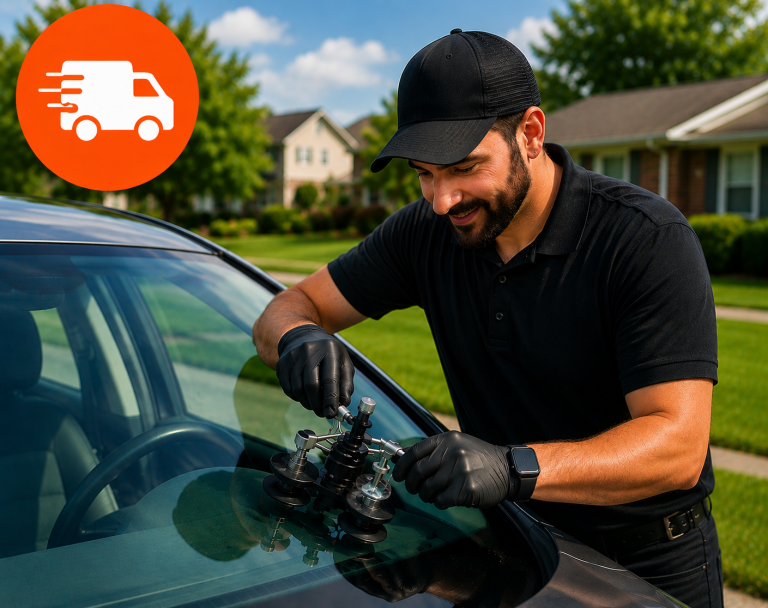 Technician performing mobile windshield chip repair at a customer's locatio